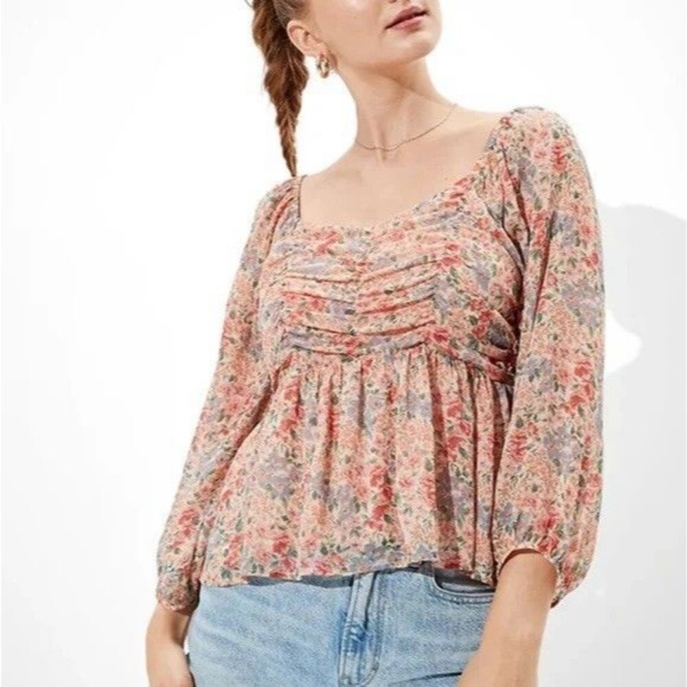 American Eagle Blouse Chiffon Rushed  Babydoll Top Floral Romantic Print Size S